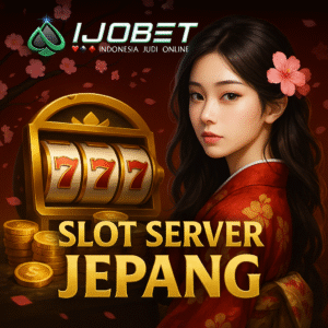 Promosi IJOBET Slot Server Jepang dengan logo hijau, mesin slot 777 emas, wanita berkimono merah, dan latar bunga sakura.